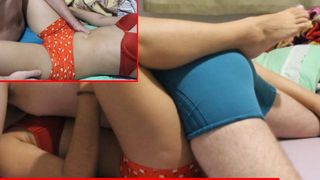 Dry humping in missionary position and spread legs, cumming in pants.