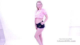 Teenie shows freckles in front of a cock