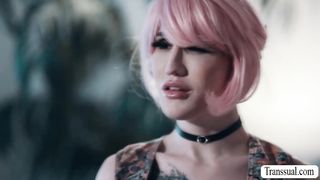 Pink haired trans barebacked by stepbro