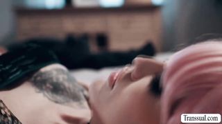 Pink haired trans barebacked by stepbro