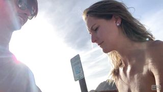 Hot Blonde and Hot Guy fuck in public after motorcycle ride