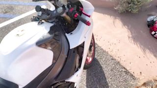 Hot Blonde and Hot Guy fuck in public after motorcycle ride