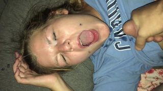 First time Jacketjill allowed Projectpally to come on her whore face. Gets some in her eye.