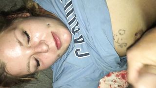 First time Jacketjill allowed Projectpally to come on her whore face. Gets some in her eye.