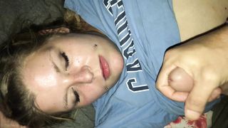 First time Jacketjill allowed Projectpally to come on her whore face. Gets some in her eye.