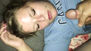 First time Jacketjill allowed Projectpally to come on her whore face. Gets some in her eye.