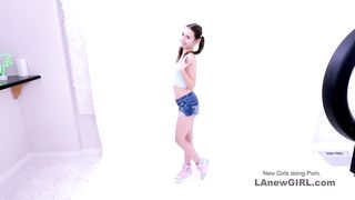 Tiny Model Girl sucking big curved cock in studio