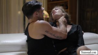 Busty TS fucks guy pool cleaners ass