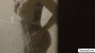 Ebony TS analed by horny guy in locker