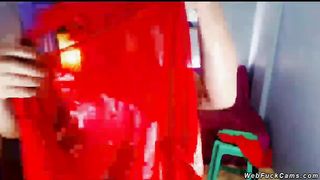 Two shemales in lingerie wanking cocks