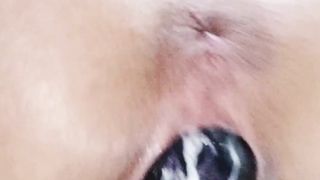 Horny tight pussy swallowing black dildo