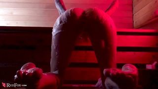 Tattooed Girl Real Red Fox Footjob and Handjob Dick Boyfriend in the Bath