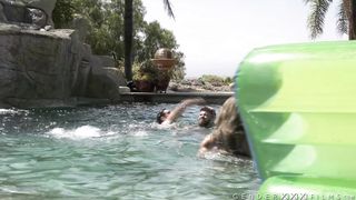 Next level partying with 3 guys and 4 shemales in this pool party dick only fuck fest