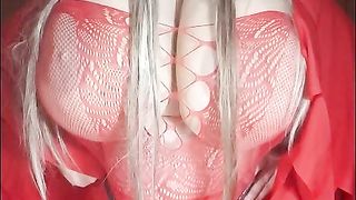 Red devil lady with strapon is giving instructions