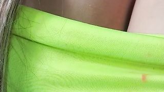 Dirty lady in costume of a stewardess giving joi