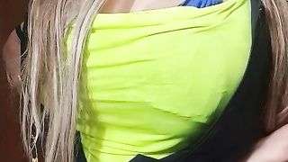 Dirty lady in costume of a stewardess giving joi