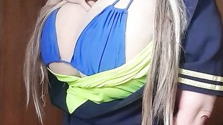 Dirty lady in costume of a stewardess giving joi