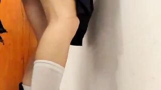 Schoolgirl fucked and creampied standing against the window in empty classroom