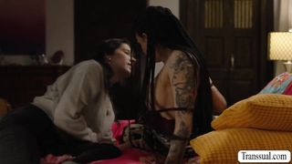 Busty brunette fucked by TS siblings