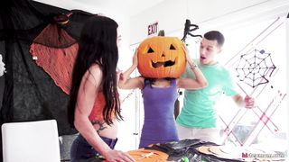 Stepmom's Head Stucked In Halloween Pumpkin, Stepson Helps With His Big Dick