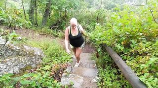 Blowjob outdoors in public hiking trail! Cum in mouth POV