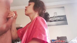 Curly haired milf sucking and jerking my cock till I cum