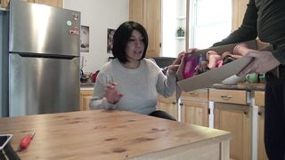 Nymphomaniac wife lets delivery boy cum inside her ass while husband is at work