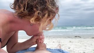 Deep blowjob on the beach, girl in bikini sucking cock, cum mouth outdoors
