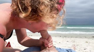 Deep blowjob on the beach, girl in bikini sucking cock, cum mouth outdoors