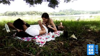 Risky public outdoor blowjob - young couple at a lake