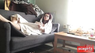 Slut girl in bathrobe gets her morning cumload