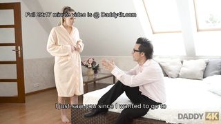 MILF dad begins morning by seducing sons blond girlfriend