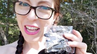 Black Dress, Nipple Clamps, and Buttplug Play Outside