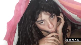 my friend's girlfriend gives me a blowjob under the sheet