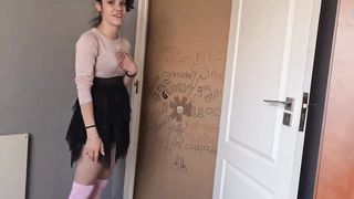 Gloryhole slut sucks and jerks my dick to get through doorway