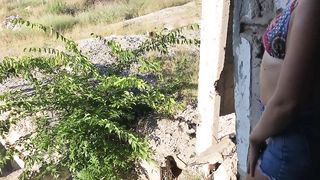 Naughty slut fucks ass on an abandoned construction site