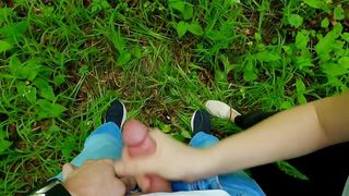 She helped me cum! Risky blowjob and handjob in the forest to the sound of
