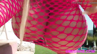 Mayra Hills (Beshine) German Blonde Dangles Massive 32ZZZ Tits from Pink Fishnet by Pool