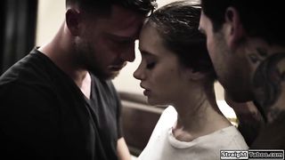 Busty brunette DPed by two stepbrothers