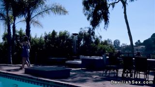 Brunette wanks and fucks huge dick outdoors