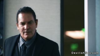 Rich guy fucking tanned brunette babe in his house