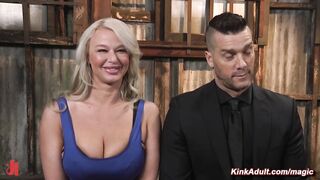 Married blonde with head in cage gets fucked