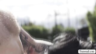 Lucky players fuck some horny slut TS in B-Ball