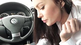 Paramour sucks dick in the car and swallows cum