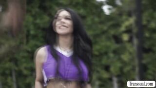 Watch this TS suck and ride two big cocks in court