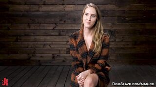 Master kneeling on bound blonde