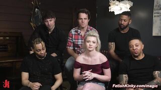 Cheating blonde fucked by five cocks