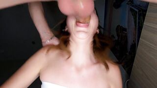 Small-titted babe gets a huge throatpie after an intense blowjob.