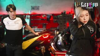 Horny Chinese Biker babe gets a huge load of cum in her pink pussy