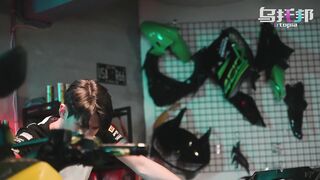 Horny Chinese Biker babe gets a huge load of cum in her pink pussy